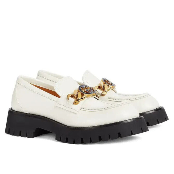 Gucci Jeanne Interlocking G US 8 Loafers White Leather Lug Sole Shoes NIB $1,190 - Picture 1 of 14